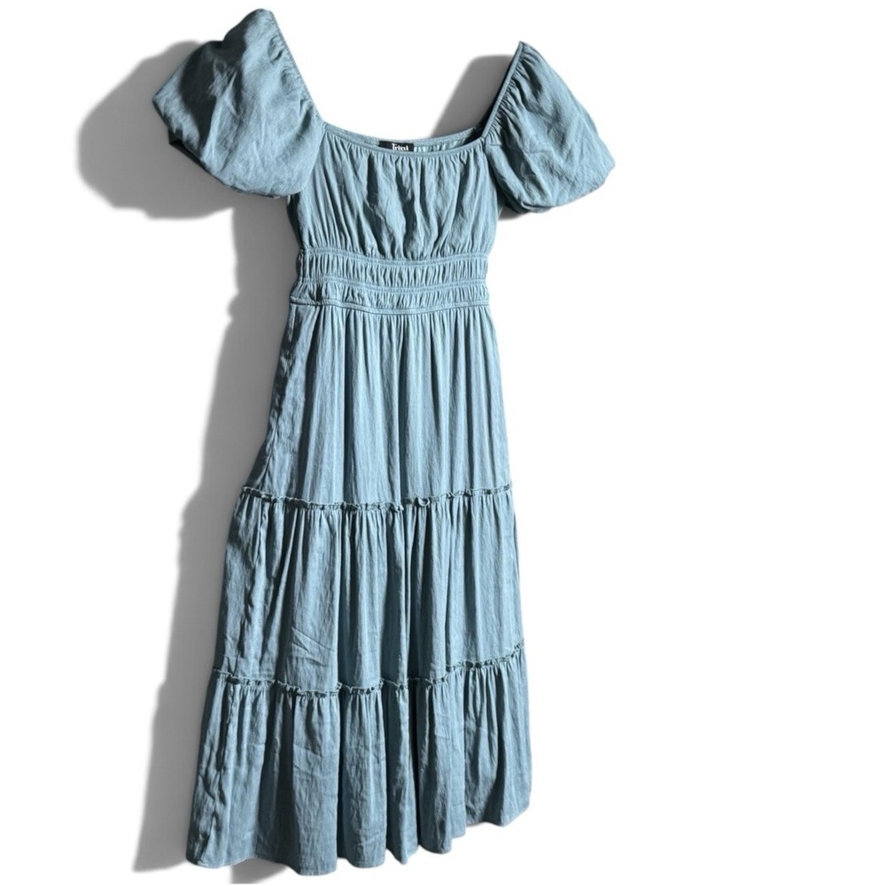 Trixxi Maxi Dress S Teal Smocked Puff Sleeve Tiered Boho Cottagecore Fairycore - Picture 2 of 15